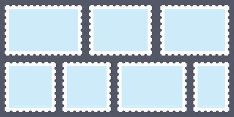  postage stamps set. Post stamp frames and borders. Ellipse, rectangle, square template for mail, postcard, letter, note. Jagged wavy edge. Light Postage Stamps collection. Blank Postage Stamp .