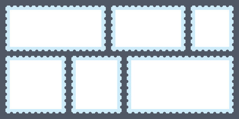  postage stamps set. Post stamp frames and borders. Ellipse, rectangle, square template for mail, postcard, letter, note. Jagged wavy edge. Light Postage Stamps collection. Blank Postage Stamp .