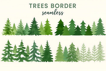 Watercolor winter pine tree forest seamless border. Hand-painted conifer spruce trees background