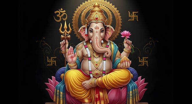Colorful Lord Ganesha Statue Sitting on Pink Lotus Flower with Gold Crown and Jewelry