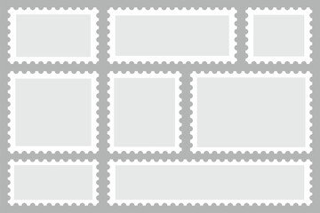 Set of postage stamps. Post stamp frame and border. Grey square and rectangular template for mail, postcard, letter. Jagged wavy edge forms vintage objects. Postage stamp borders set .