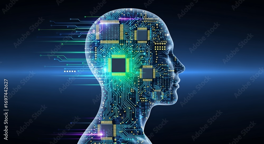 Aufkleber conceptual digital human head with electronic circuit board design and bright neon lines, concept fo