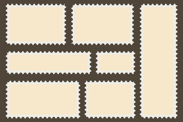 Postage stamps. Blank postcard and letter stamp templates collection with copy space.  Jagged wavy edge forms  vintage objects for poster, banner, badge, sticker. 