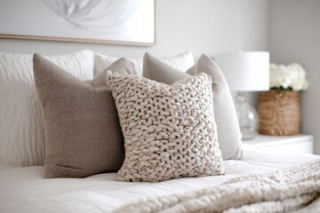 Cozy Bedding Arrangement with Stylish Knitted Pillow and Neutral Cushions in Modern Bedroom Setting
