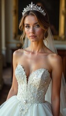 Fototapeta premium A breathtaking wedding gown, adorned with a delicate tiara, perfect for a fairytale wedding The gown's intricate details and the tiara's sparkle create a stunning visual , fashion, bodice