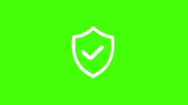 Glitch security shield with check mark icon, animation 4K video on green background	
