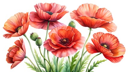 Fototapeta premium Watercolor Poppy Flowers With Vivid Red Petals