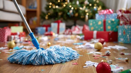 Cleaning the floor after Christmas celebration with blue mop and decor  