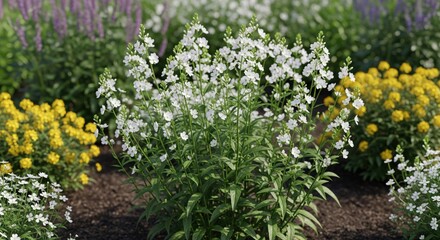 Fototapeta premium Cluster of white flowers amidst vibrant garden