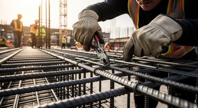 Construction worker meticulously secures reinforcing steel bars on a building site
