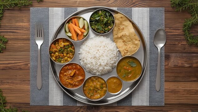 Nepali Meal of Daal Bhaat Tarkari Thakali Thali Meat Rice vegetables and pickle dhido meal dinner or lunch. 