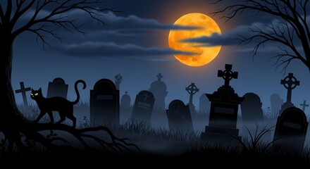 Spooky Halloween Night Cemetery Scene Black Cat Silhouette  Tombstones  and Harvest Moon Background for Spooky Season Designs  Party Invitations  or Greeting Cards