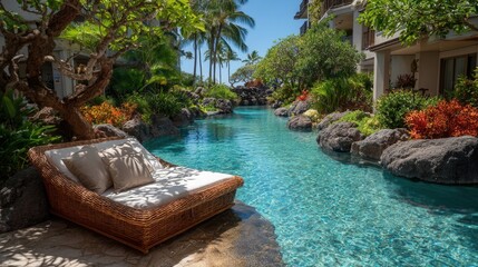 Sunbeds near crystal-clear pool, no people