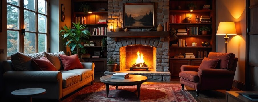 A cozy living room with a fireplace, featuring a comfortable sofa and armchair engaged in conversation, complete with books and a warm inviting atmosphere , reading, pillows