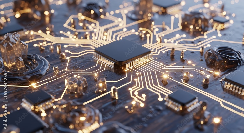 Aufkleber close-up of intricate circuit board with chips, crystals, and glowing pathways on a textured surface