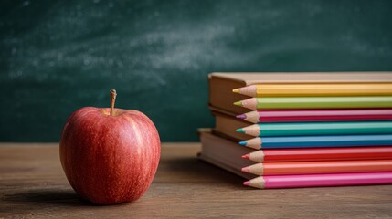 Fresh red apple and colorful pencils on a wooden school desk with stacked books in quarter view against a dark green chalkboard background for education and learning concept