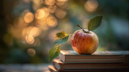 Fresh red apple with green leaves on top of a stack of colorful school books with soft sunlight bokeh background for back-to-school, learning, and education concept