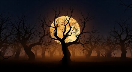Spooky Halloween Night Eerie Silhouette of Leafless Trees and Glowing Full Moon in a Misty Forest  Perfect for Halloween-Themed Designs and Backgrounds