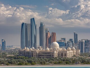 Naklejka premium Modern Abu Dhabi Skyline with Iconic Middle East Architecture Premium Authentic Urban Cityscape for Professional Marketing and Lifestyle Content