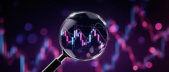 digital analysis and optimization with neon search engine magnifier over charts | business, technology, data, finance, marketing theme