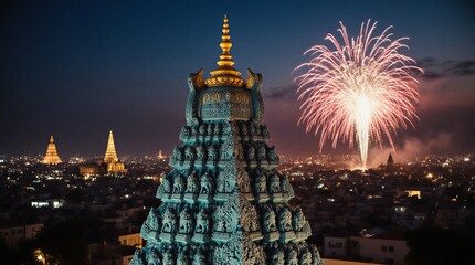 vibrant tamil new year celebration with illuminated temple and spectacular fireworks display | festive, spiritual, cultural, religious, indian theme