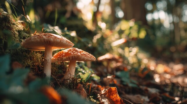 Close-up of mushrooms in forest on sunlit clearing - Powered by Adobe