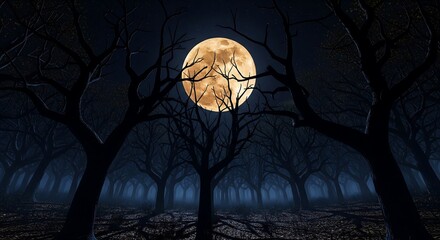 Spooky Halloween Night Forest Under a Full Moon