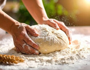 Fototapeta premium Hands kneading fresh bread dough with flour dusting on wooden surface in warm kitchen setting
