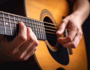 Fototapeta premium A close-up shot of a musician's hands skillfully playing an acoustic guitar, representing creativity and the passion for music.