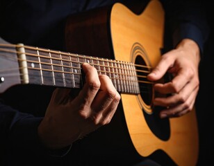 Obraz premium Close-up hands playing acoustic guitar with fingers positioned on frets and strings in warm intimate lighting