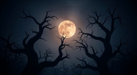 Spooky Halloween Night Landscape with Full Moon and Bare Trees