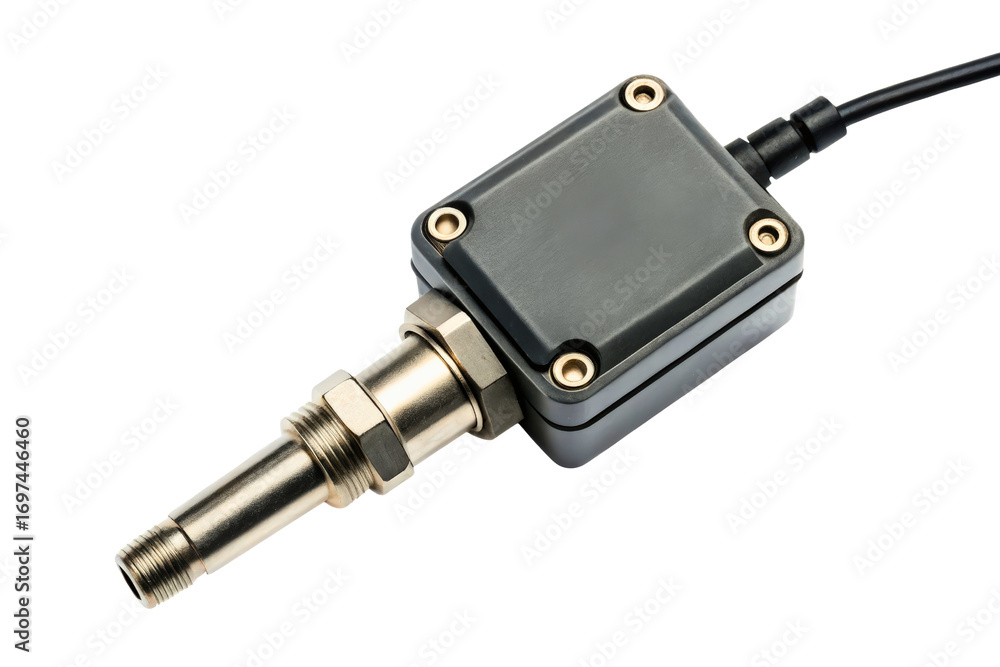 Poster industrial measurement sensor with a metal threaded connection isolated with transparent background