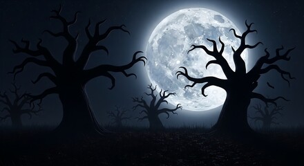 Spooky Halloween Night Landscape with Full Moon and Twisted Trees