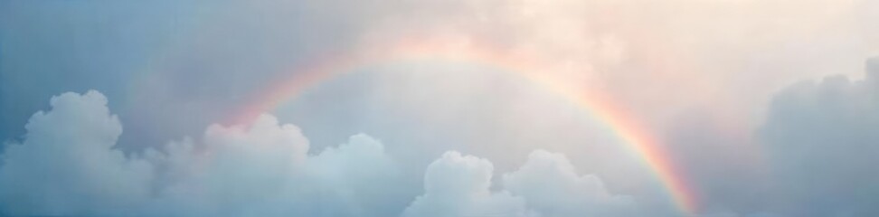 A muted rainbow arches subtly through a thick layer of overcast clouds, a soft, ethereal scene  The colors are pastel and diffused, creating a dreamy atmosphere ,  color,  weather phenomenon,  clouds