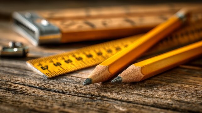 Wooden desk with pencils and ruler on classroom table, school supplies arrangement with chalkboard background for education and learning concepts