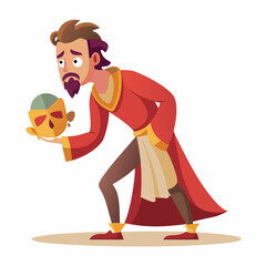Cartoon illustration of hamlet contemplating yoricks skull, , in a dramatic pose