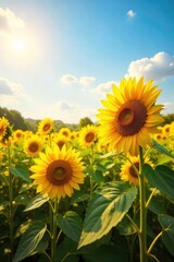 Serene Sunflower Field Golden Sunlight Bathes Swaying Blooms in Gentle Breeze, Creating a Peaceful Pastoral Summer Scene. Perfect for Nature, Rural, and Floral Designs.