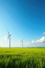 A picturesque landscape featuring a row of windmills gracefully turning in a breezy field under a vast, clear sky The scene embodies clean, sustainable energy , energy source, nature, green grass