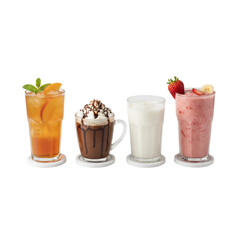Modern cafe-style arrangement: iced peach tea, mocha coffee, soy milk, and strawberry-banana smoothie in a glass, a sweet and refreshing summer beverage