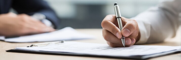 Professional job interview registration process with candidate writing on paper, modern recruitment setting for confident young adult hiring campaigns and advertising