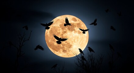 Spooky Halloween Night Scene with Crows and Full Moon