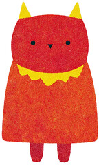 A cute and simple illustration of a red monster with yellow horns and collar standing cheerfully on a white background perfect for playful and friendly designs