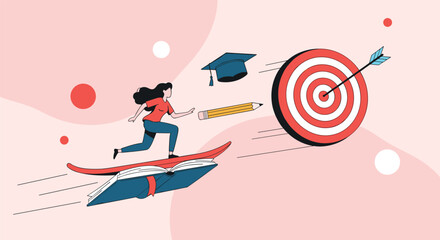 Student achieves educational goals riding a book rocket towards a target with an arrow symbolizing success