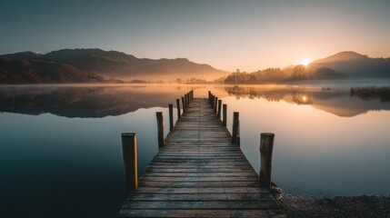 Obraz premium Serene Lakeview Sunrise with Fog and Reflection on Calm Water, Ideal for Nature and Travel Themes