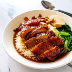 Plate of glazed duck and rice, with greens