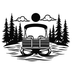 Pontoon boat on water with trees and sun silhouette