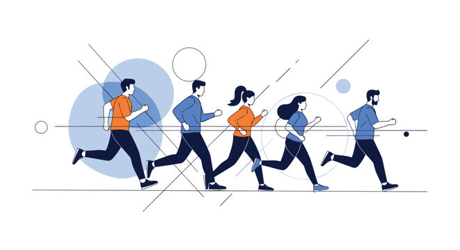 Diverse group of people running together in synchronized motion with abstract geometric elements