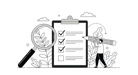 Detailed examination of a checklist through magnifying glass and pencil illustration representing task completion and progress tracking