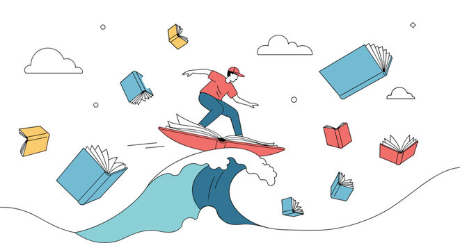 Man surfing on a book through a sea of knowledge and learning adventures