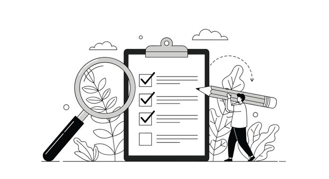 Detailed examination of a checklist through magnifying glass and pencil illustration representing task completion and progress tracking